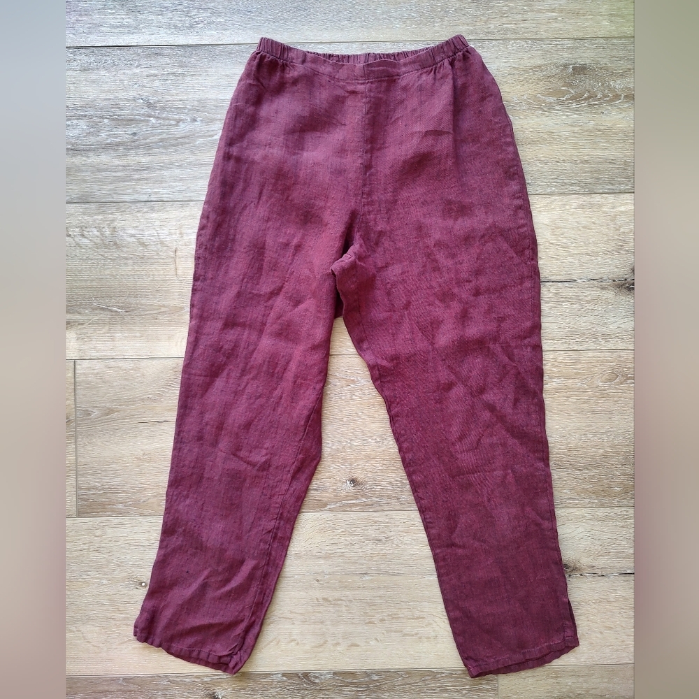 FLAX Linen Ankle Pants Scarlet Red Black Marled Lagenlook Pull On Size P Or 4/6